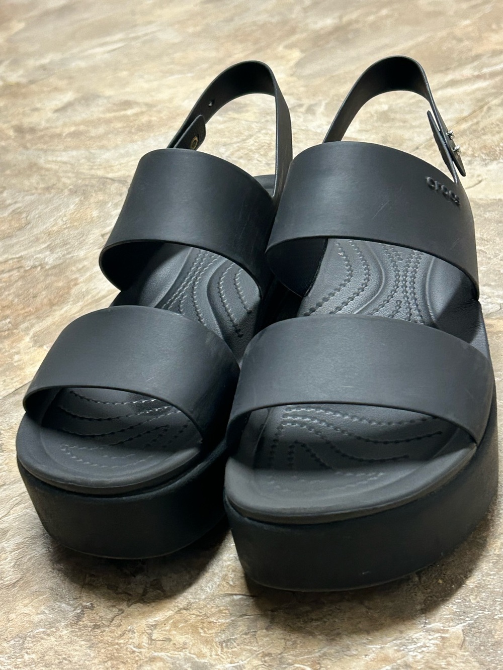 CROCS Black Platform Double-Strap Slingback Sandals